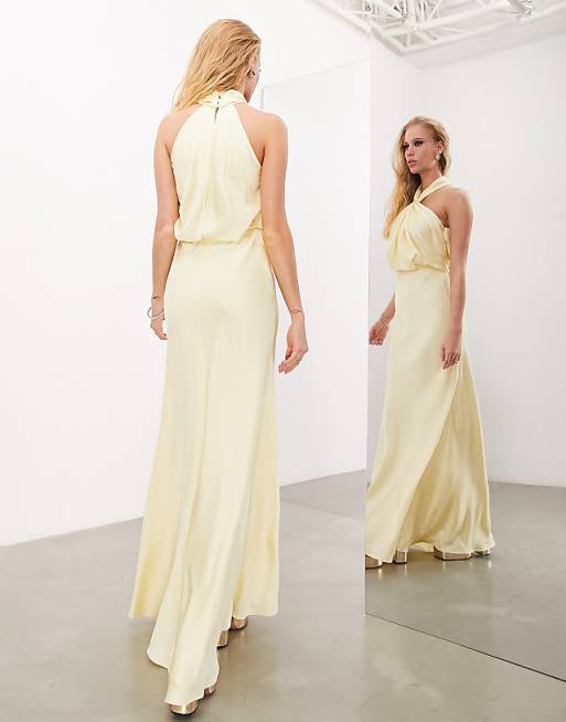 Ismira - Elegante abito lungo con scollo all'americana e ruches