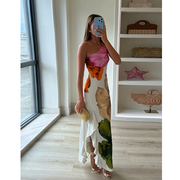 Ismena - Elegante maxi abito floreale con scollo obliquo