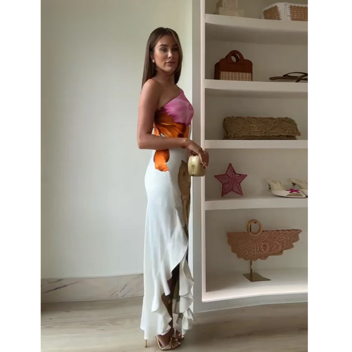 Ismena - Elegante maxi abito floreale con scollo obliquo