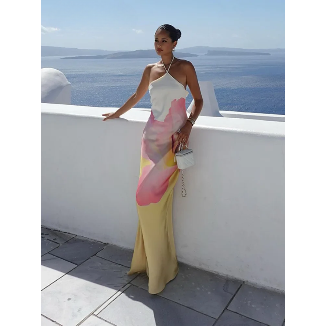 Ismena - Elegante maxi abito floreale con scollo obliquo