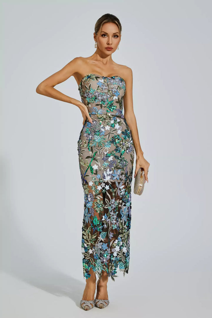 Annebel - Abito lungo ricamato con fiori blu