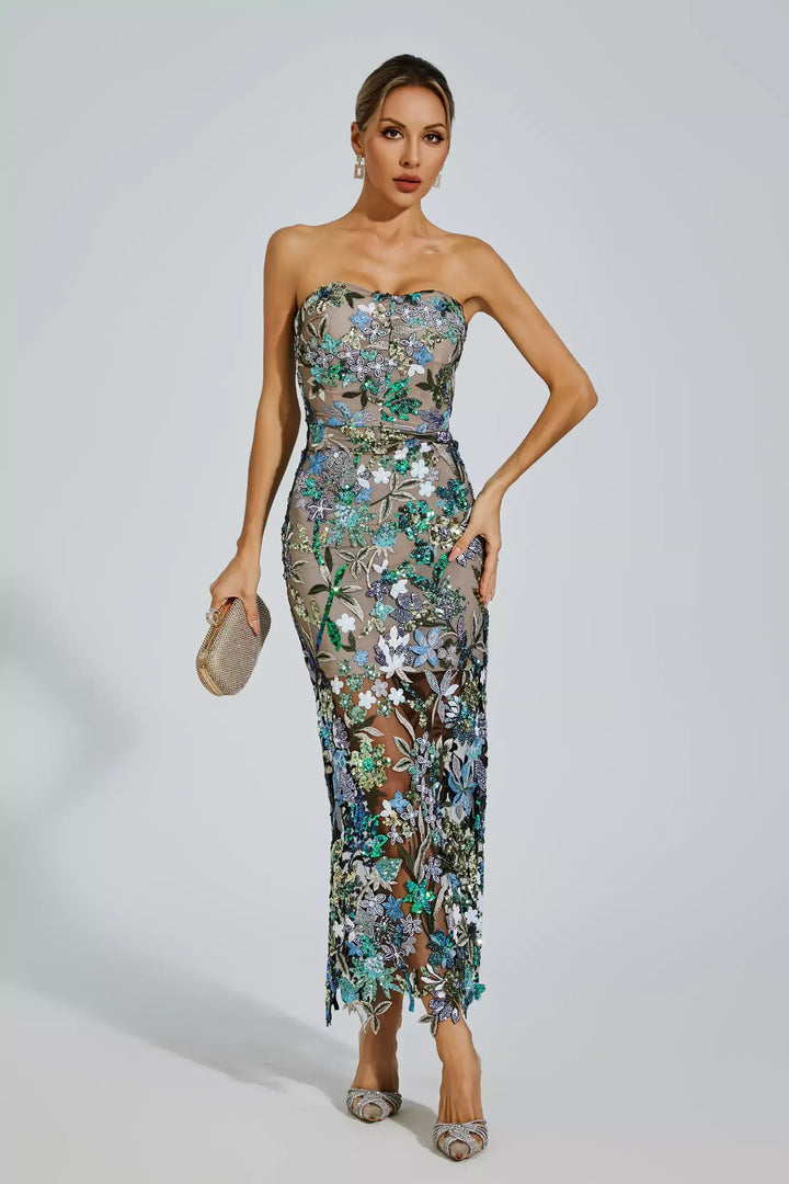 Annebel - Abito lungo ricamato con fiori blu