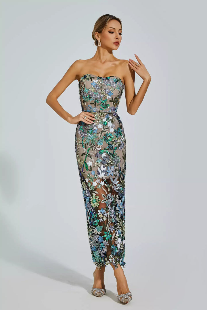 Annebel - Abito lungo ricamato con fiori blu