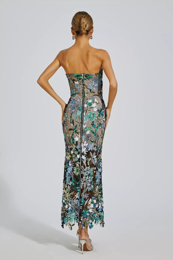 Annebel - Abito lungo ricamato con fiori blu