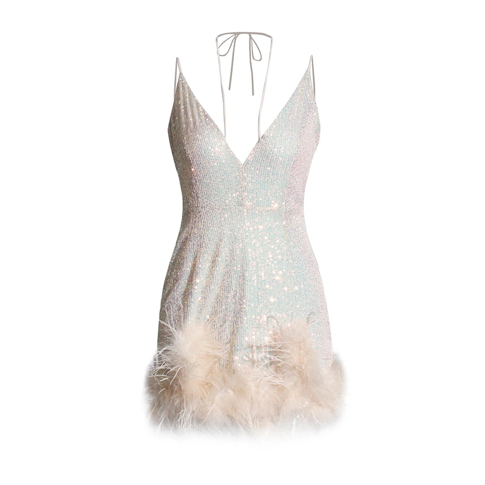 Lorella - Mini abito senza maniche in paillettes con scollo a V e piume