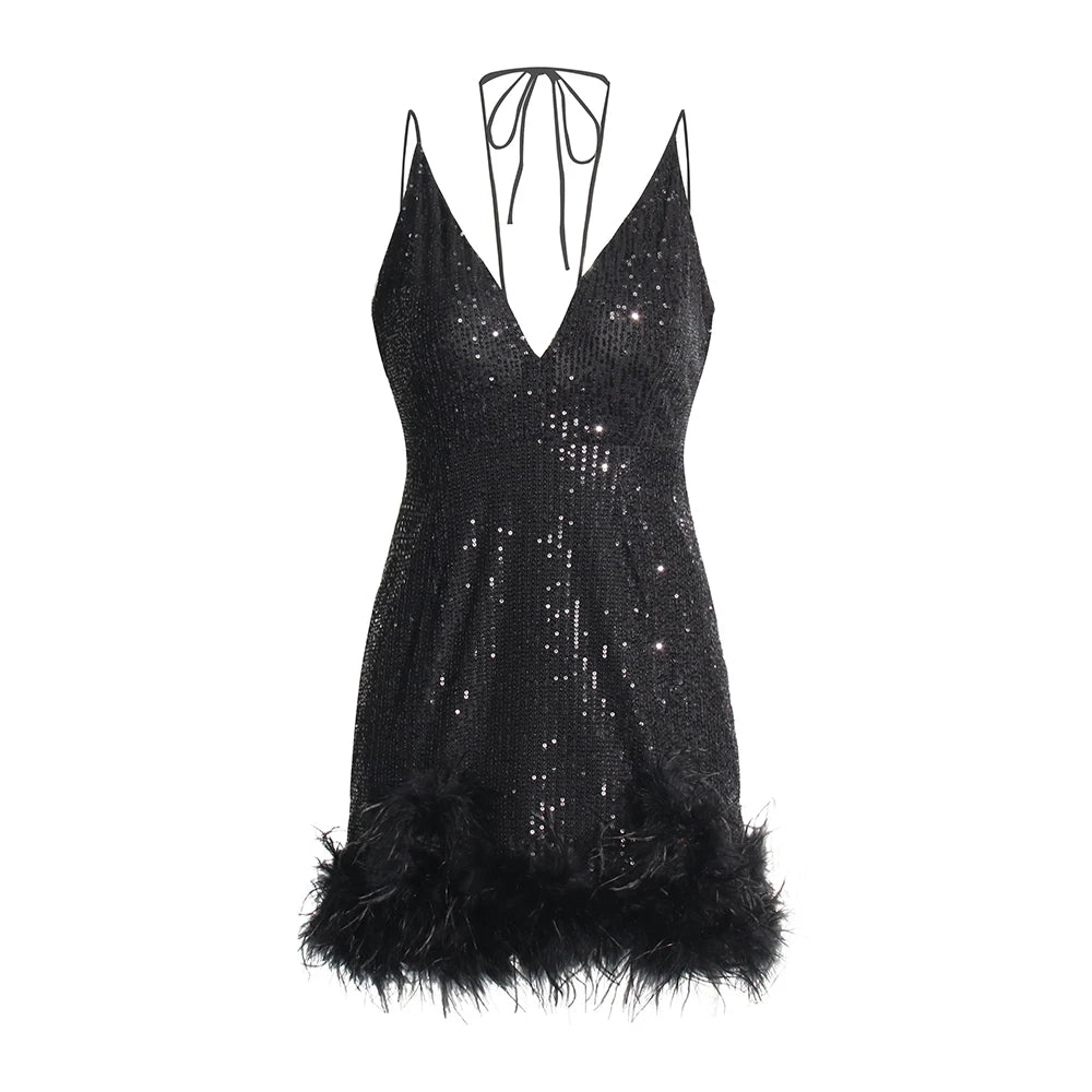 Lorella - Mini abito senza maniche in paillettes con scollo a V e piume