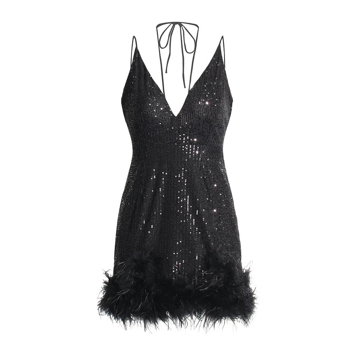 Lorella - Mini abito senza maniche in paillettes con scollo a V e piume