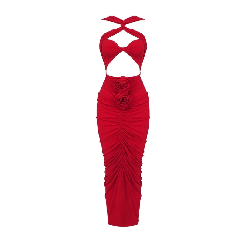 Rosalinda – Abito Rosso Cut-Out con Dettagli a Rosa