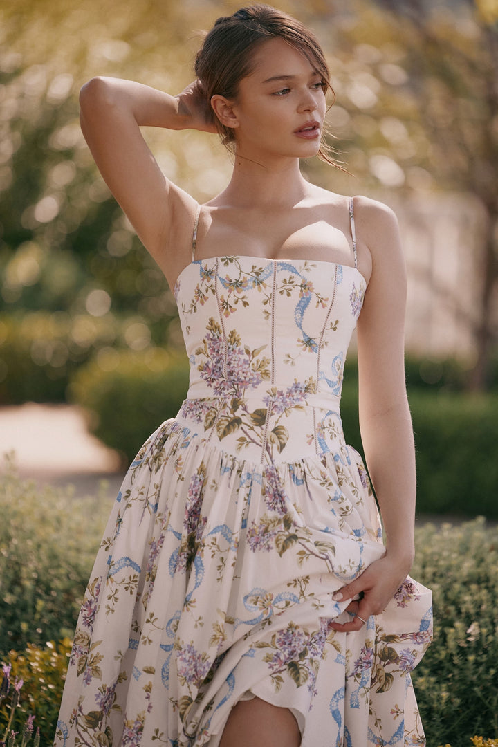 Kessara - Elegante maxi abito estivo con stampa floreale e spalline sottili