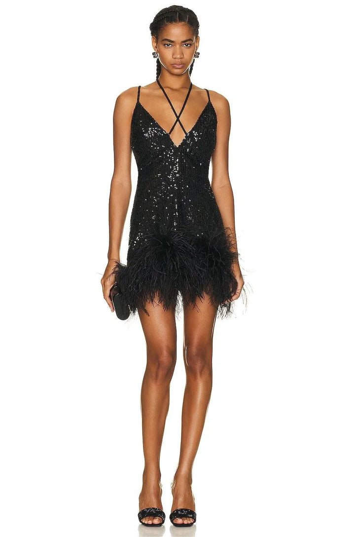 Lorella - Mini abito senza maniche in paillettes con scollo a V e piume
