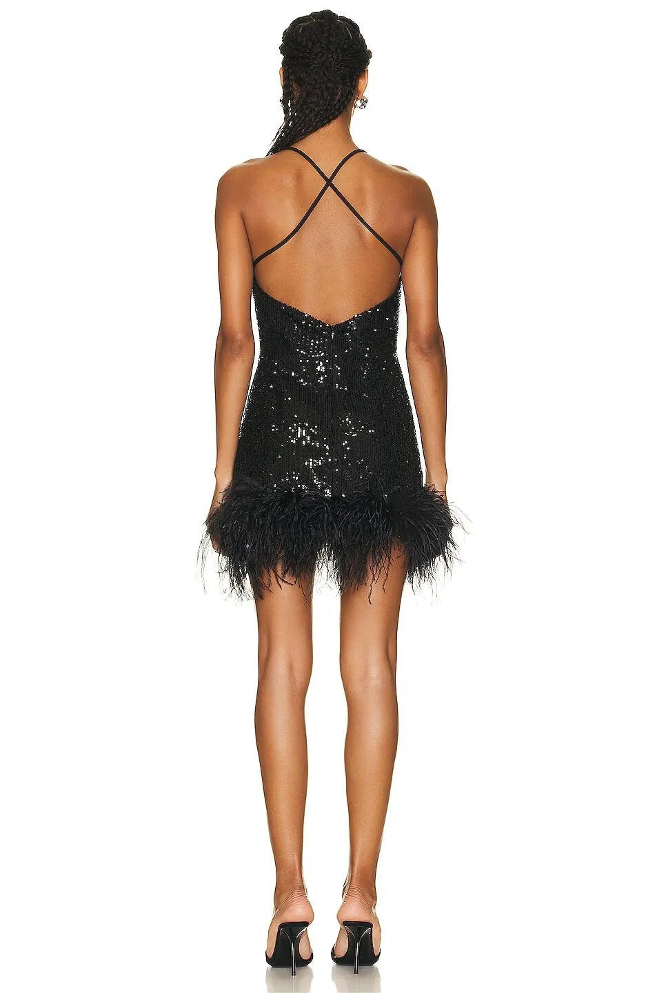 Lorella - Mini abito senza maniche in paillettes con scollo a V e piume