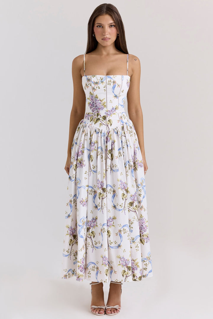 Kessara - Elegante maxi abito estivo con stampa floreale e spalline sottili
